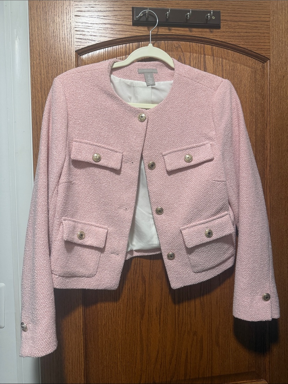 H&M Pink Bouclé Cropped Blazer with Gold Buttons